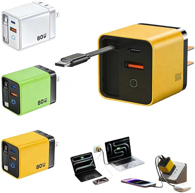 80W USB-C Retractable Fast Charger, PD Wall Charger with Built-in Retractable USB-C Cable, Portable Power Adapter for iPhone 17 Pro Max/16/15, Samsung, iPad, MacBook Air & USB-C Devices (Yellow, 10)