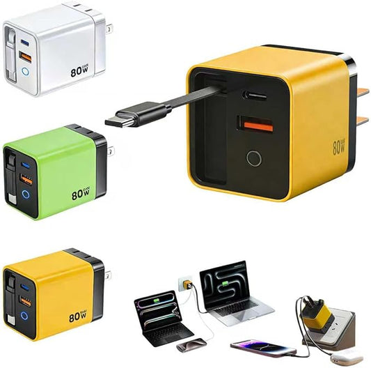 80W USB-C Retractable Fast Charger, PD Wall Charger with Built-in Retractable USB-C Cable, Portable Power Adapter for iPhone 17 Pro Max/16/15, Samsung, iPad, MacBook Air & USB-C Devices (Yellow, 10)