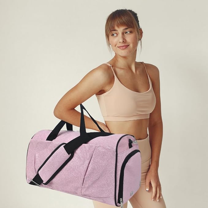 NGIL Glitter Cheers Sports Gym Duffel with Shoe Compartment and Small Carry on Travel Tote Bags for Women, Gym bag, Overnight bags for Women, Cheer Bag (Glitter-Pink)