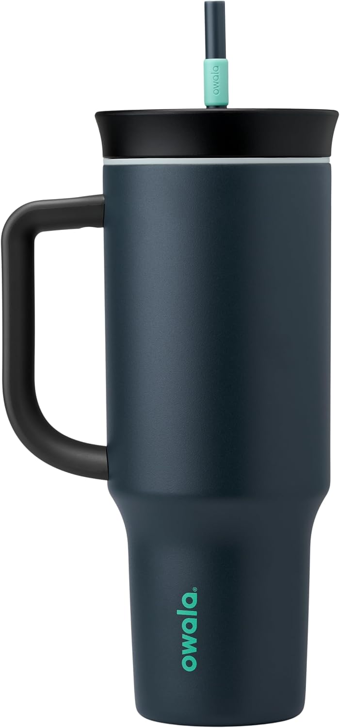 Owala Stainless Steel Triple Layer Insulated Travel Tumbler with Spill Resistant Lid, Straw, and Carry Handle, BPA Free, 40 oz, Gray (Foggy Tide)