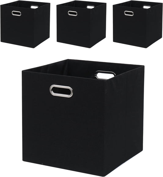 Collapsible Organization Basket Fabric Foldable Box with Handles, 13x13 Cube Storage Bins Set of 4, Thick and Heavy Duty Storage Baskets for Shelves Bedroom Livingroom,Black