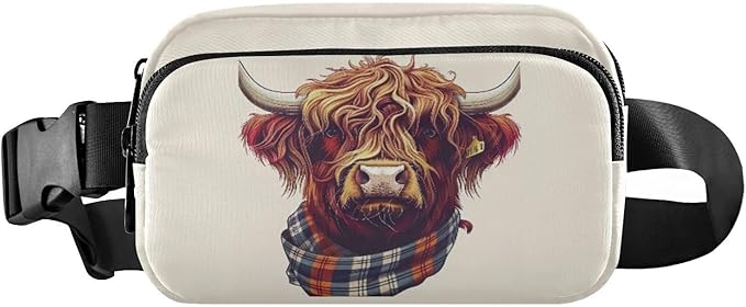 Scottish Highland Cow with Plaid Scarf Fanny Pack for Women Men Water Resistant Fashion Waist Packs with Adjustable Strap Belt Bag for Travel Workout Jogging Hiking 21218524