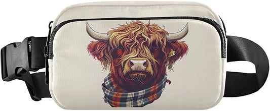 Scottish Highland Cow with Plaid Scarf Fanny Pack for Women Men Water Resistant Fashion Waist Packs with Adjustable Strap Belt Bag for Travel Workout Jogging Hiking 21218524