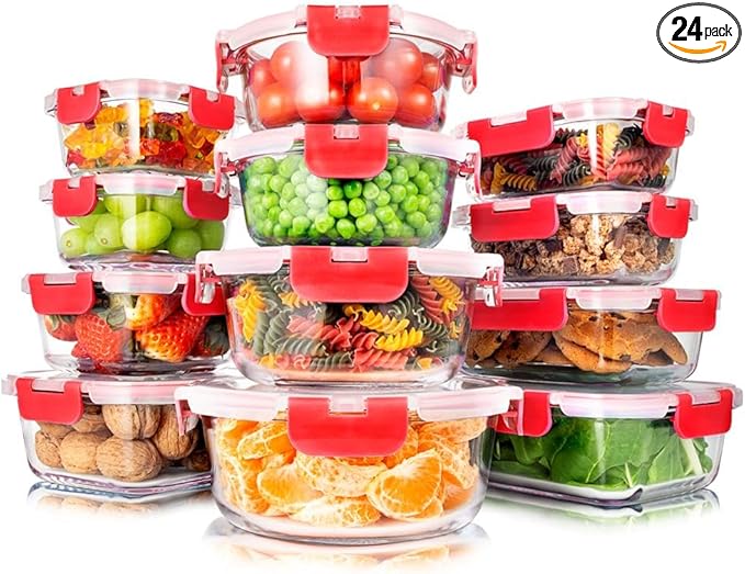 SereneLife 24 Piece Glass Storage Containers with Lids, 12 Pack Glass Meal Prep Container Set for Lunch, Kitchen Storage, Food Storage, Leak Proof, Freezer Safe and Dishwasher Safe, Red
