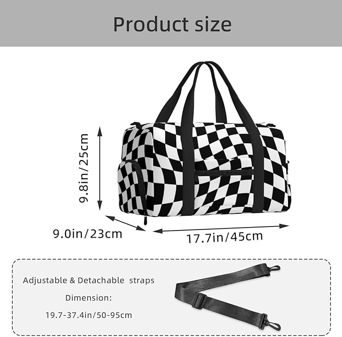 Twisted Black White Checkered Sports Gym Bag For Men Women Travel Duffel Bag With Shoe Compartment Water Resistant Gym Bag Carry On Duffel Bag For Yoga Gym Sports Weekend Traveling