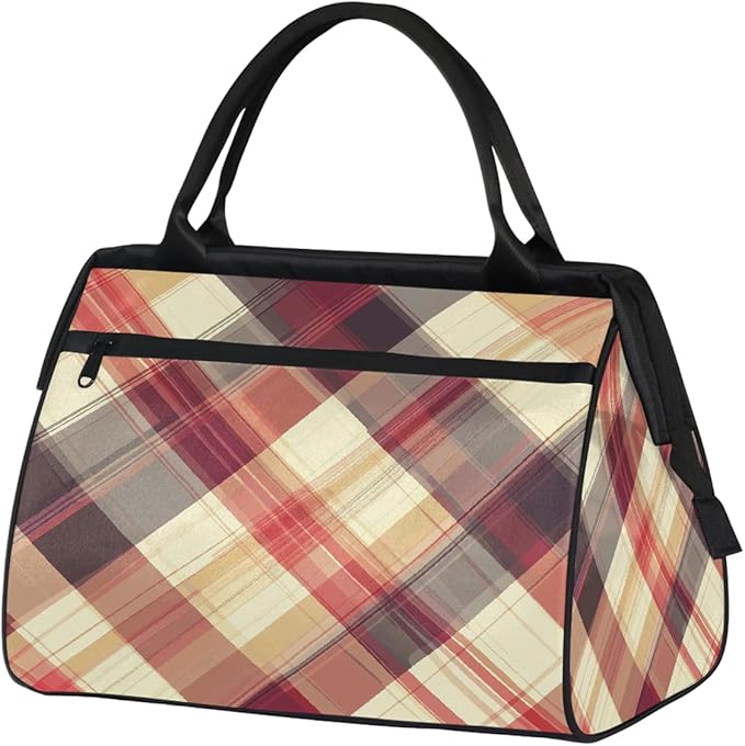 Multipurpose Duffle Bag, Waterproof Carry On Bag with Spacious Design, Plaid Checkred Brown Gym Bags, 15.2x8.3x11.6in