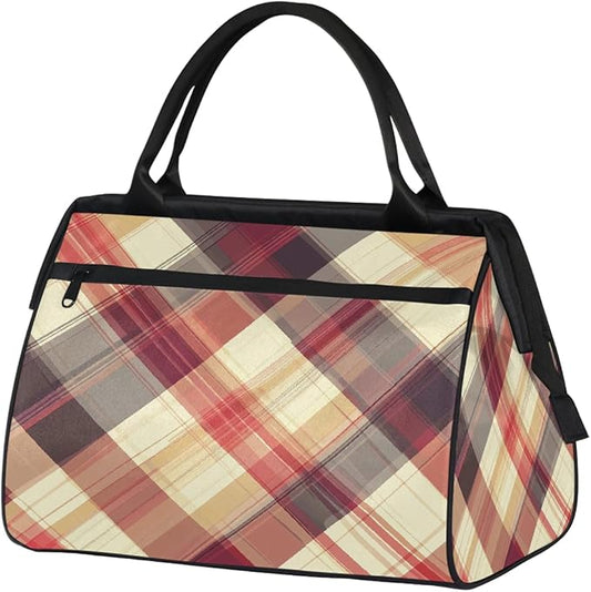 Multipurpose Duffle Bag, Waterproof Carry On Bag with Spacious Design, Plaid Checkred Brown Gym Bags, 15.2x8.3x11.6in
