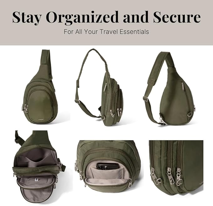Baggallini Securtex® Anti-Theft Triple Zip Sling 8.6"x15.2" Travel Crossbody Backpack with RFID Wallet Locking Zipper