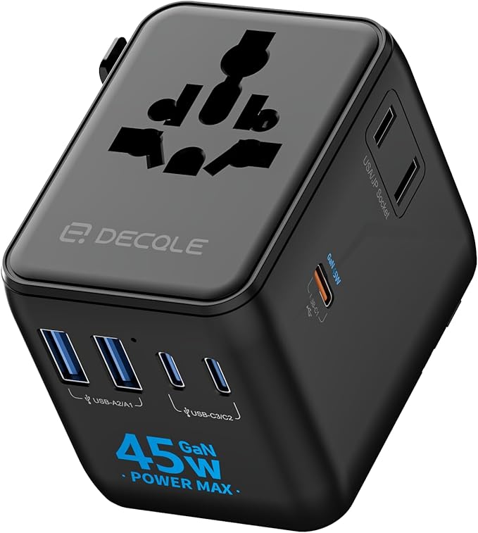 Universal Travel Adapter, International Travel Plug Adapter with 3 USB-C ＆ 2 USB-A Ports 45W, All in One Portable Socket, for USA, UK, EU, AU ＆ 224+ Countries (Black)