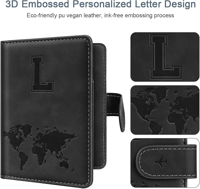 Passport Holder Wallet Cover Personalized Letter A-Z Travel Wallet RFID Blocking Passport Cover Wallet Case for Travel Passport Book Holders for Women and Men, Black-L