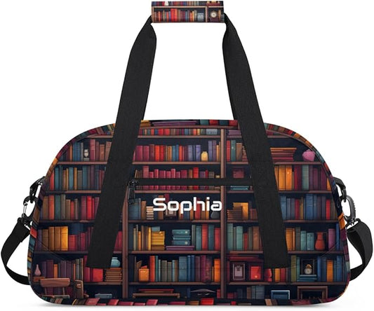 Custom Name Boys Girls Gym Travel Duffle Bag with Front Zipper Pocket Personalized Sports Bag for Overnight, Weekender, Carry On,Workout & Dance, 18.9 * 8.7 * 10.6 in,Book