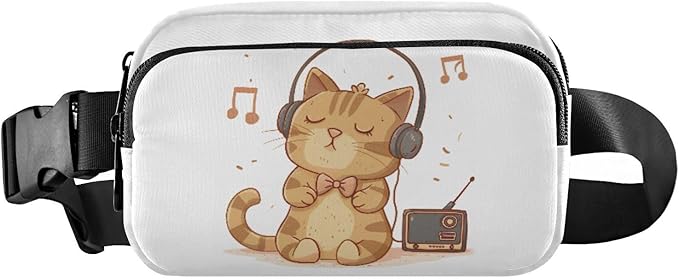 Cat Listening To Music with Headphones Fanny Pack for Women Men Water Resistant Fashion Waist Packs with Adjustable Strap Belt Bag for Travel Workout Jogging Hiking 21218991