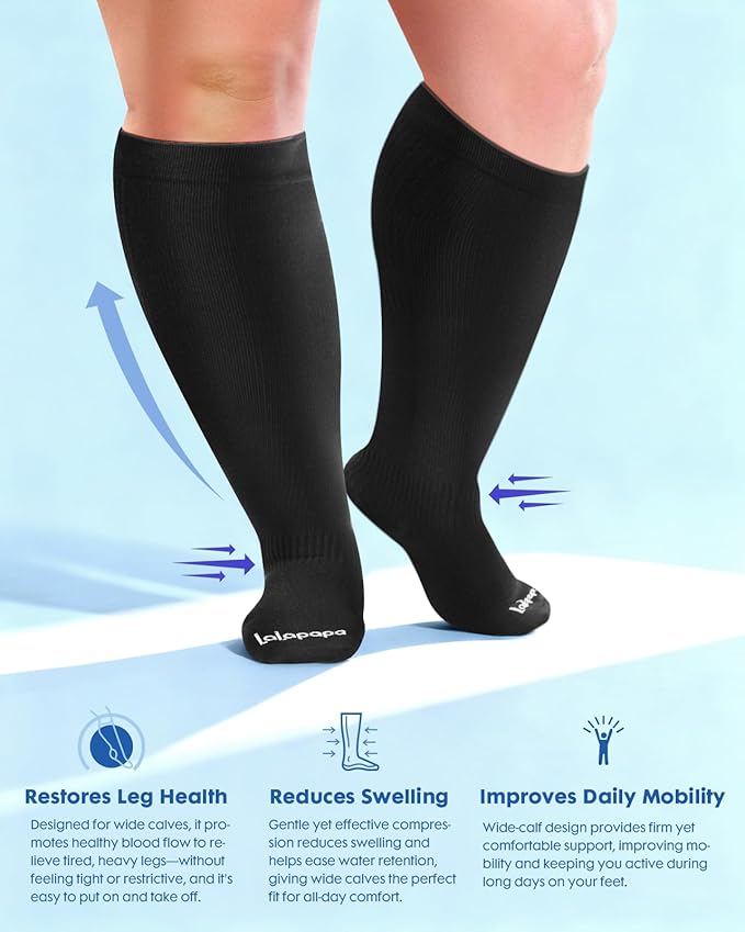 Wide Calf Compression Socks for Women - 3-Pair Plus Size 20-30mmHg Ankle Support Easy on off Socks for Travel Nurse