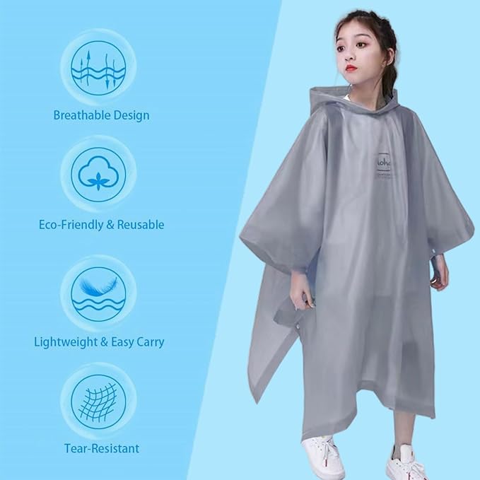 Rain Poncho for Kids (2 Pack), Reusable EVA Children Raincoat Ponchos Rain Jacket with Hood for 6-14 Girls Boys