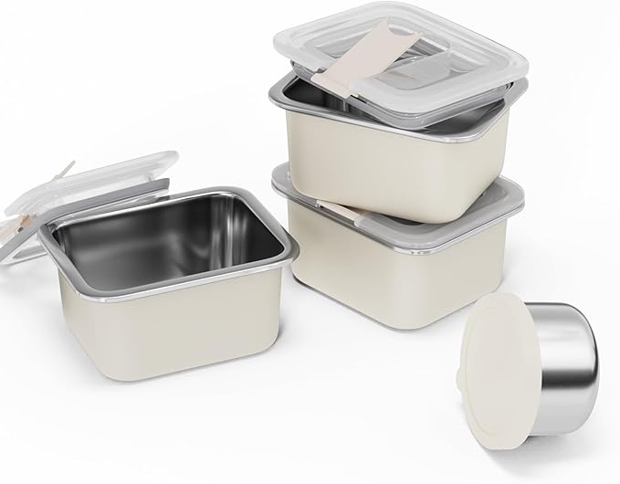 Stainless Steel Snack Box Containers for Kids, 3 Packs 12 oz Leak-Proof Microwave-safe Small Food Storage Container with Lid, Metal Compact Bento Lunch Box Container for School Travel