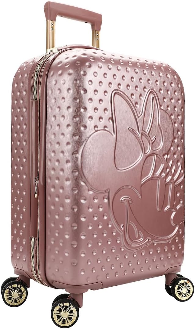 Disney Minnie Mouse 20 Inch Carry On Rolling Luggage, Rose Gold Hardshell Spinner Suitcase with 8 Wheels, Retractable Handle, Valet Straps & Zippered Packing Curtain, Expandable, Officially Licensed