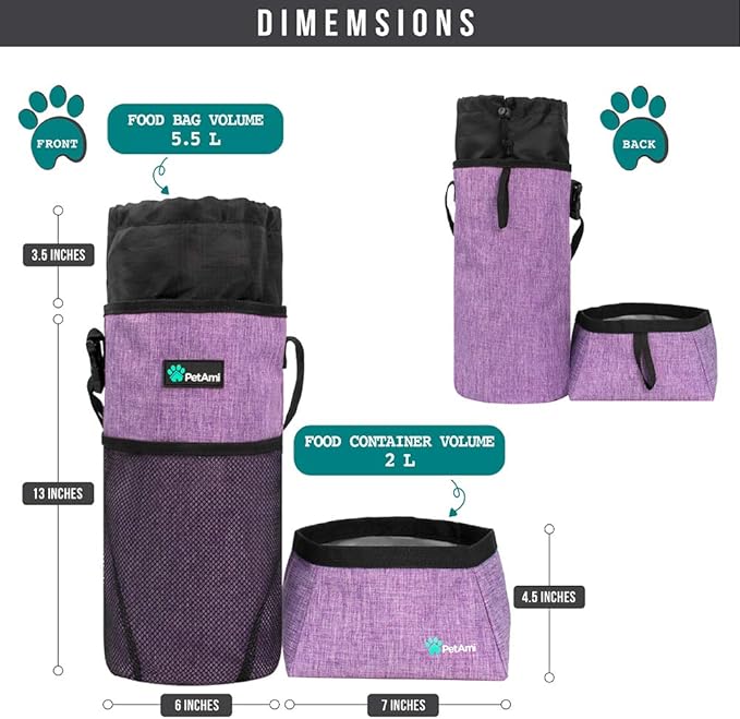 PetAmi Travel Dog Food & Water Bowls Set, Collapsible Dog Kibble Bag, Cat-Friendly, Foldable Waterproof Camping Bowls for Hiking, Purple & Gray
