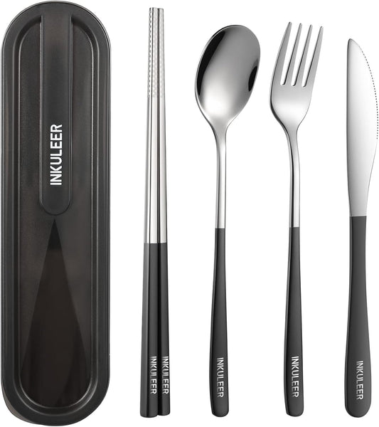 Travel cutlery set, 18/8 stainless steel cutlery, Reusable utensils set with case, Portable Silverware Lunch Box for Camping and Office