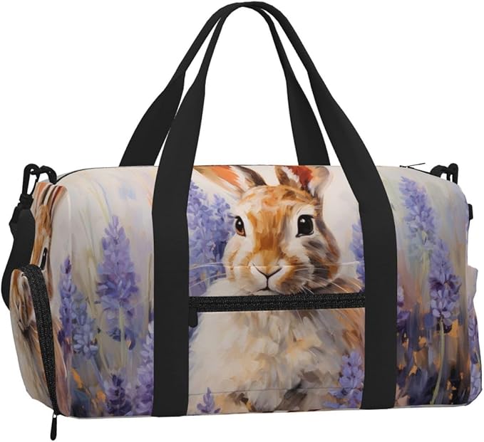 Sports Gym Bag Oil Painting Rabbit Purple Lavender Travel Duffel Bag With Shoe Compartment Shoulder Strap, Lightweight Water-Resistant Weekend Overnight Totes For Women Men