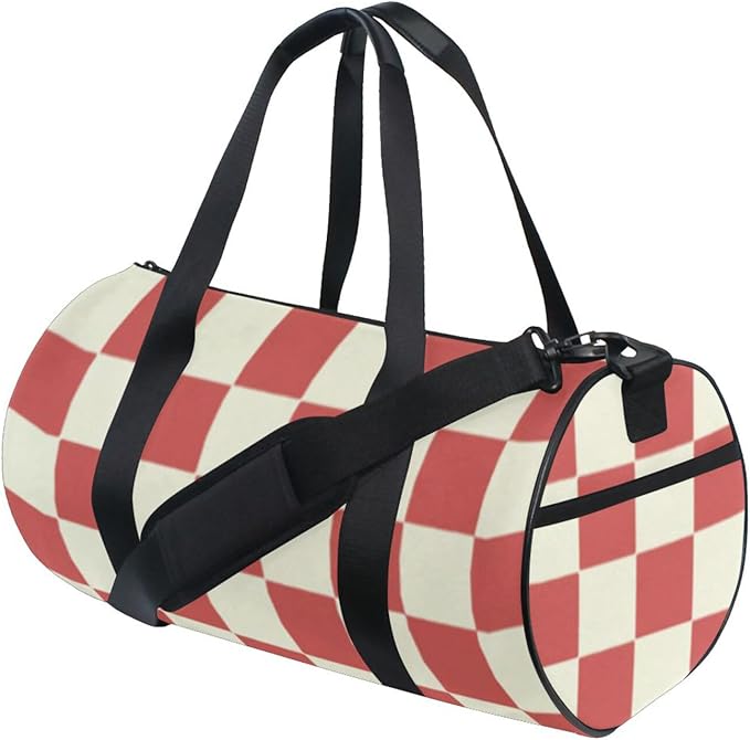 Red Beige Checker Plaid Foldable Personal Item Travel Bag Workout Travel Tote Gym Bag