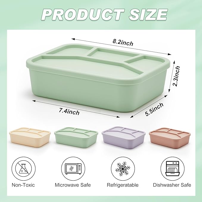 4 Pcs Silicone Bento Box Reusable Lunch Container Smooth Leak Proof Lunch Box Rectangle Bento Boxes for Adult Work Travel Food Meal Compartment Storage, 4 Colors (Light Color)
