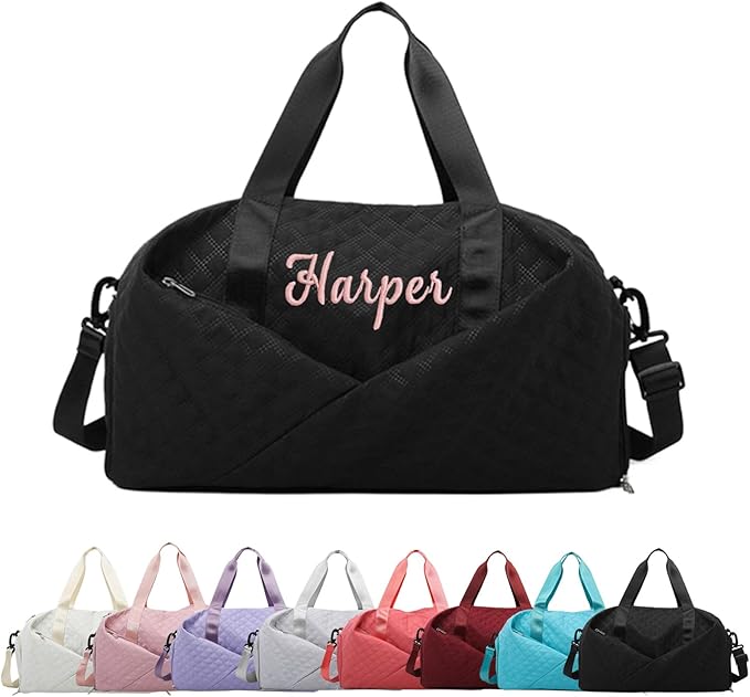 Personalized Travel Duffle Bag for Women with Embroidered Name Custom Sport Gym Weekender Overnight Carry On Tote Luggage Bag with Shoe Compartment Dance Bags for Girls Customized Gifts Black