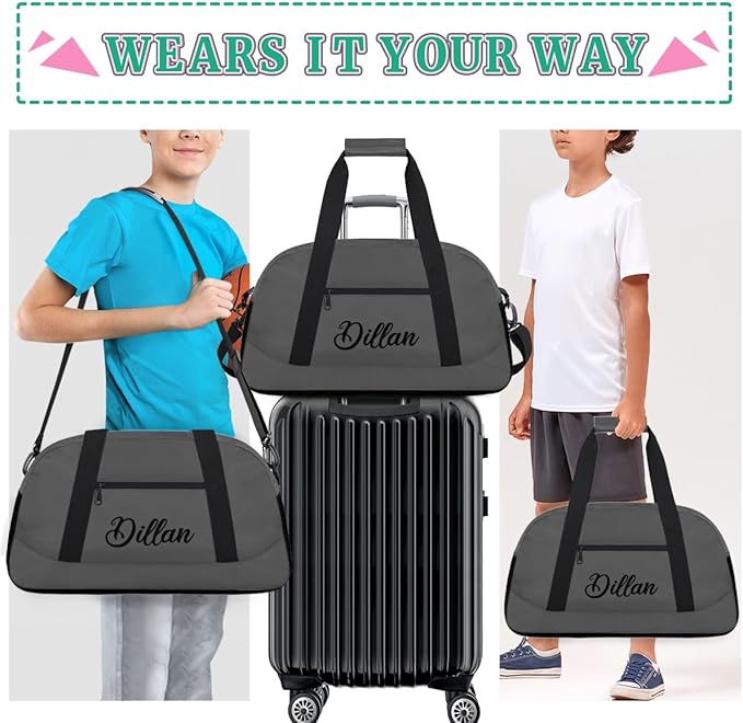 Custom Name Gym Duffel for Kids,Personalized Sports Bag Lightweight Gym Bags for Boys & Girls,Fitness Travel Weekender for Travel, and Workout Dark Gray