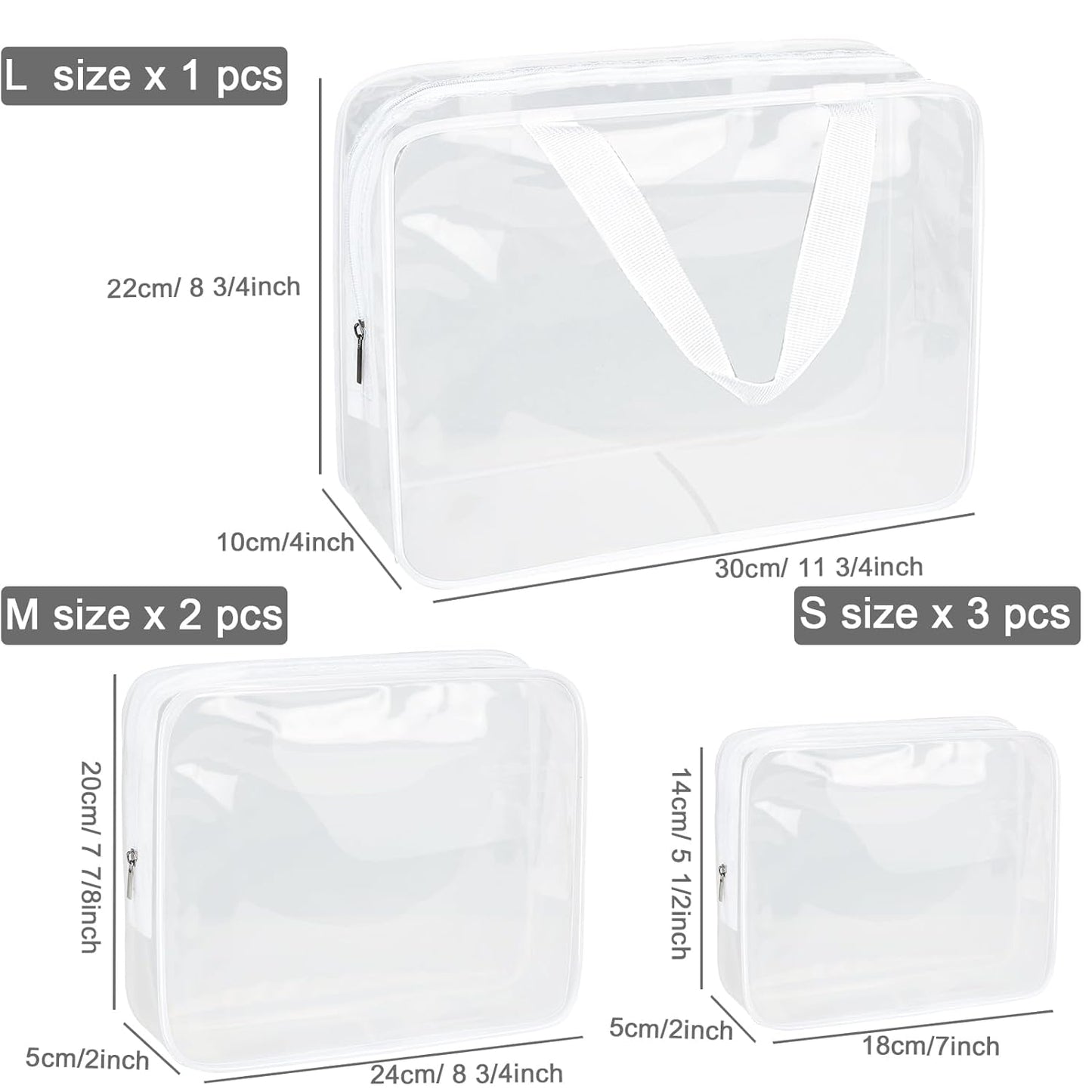 APREUTY Clear Makeup Bags, TSA Approved 6 Pcs Cosmetic Makeup Bags Set Clear PVC with Zipper Handle Portable Travel Luggage Pouch Airport Airline Vacation Organization (Bright White)