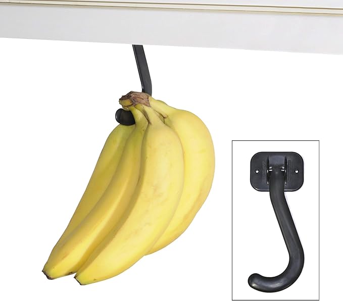 Gadjit Banana Hook Under Cabinet Hanger Ripens Bananas with Less Bruises, Folds up Out of Sight When Not in Use, Saves Countertop Space, Self-Adhesive + Pre-drilled Screw Holes (Black)