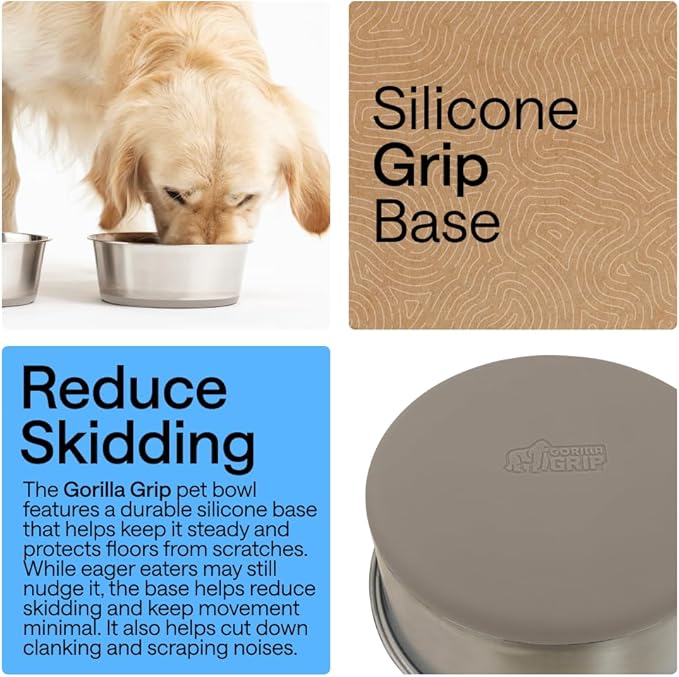 GORILLA GRIP Dog Bowls, Heavy Duty 304 Stainless Steel, Holds 4 Cups Each (32 fl oz) Food and Water Bowl for Feeding Dogs and Cats, Dishwasher Safe, Rust Resistant, BPA Free Rubber Base Set of 2 Beige