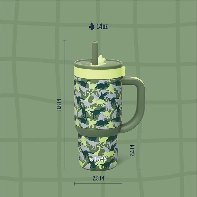 Ello Oasis 14oz Stainless Steel Toddler Tumbler with Handle & Retracting Straw, 100% Leakproof, Double-Wall Vacuum Insulated, Kids Water Bottle for School, BPA Free, Dishwasher Safe, Dinos