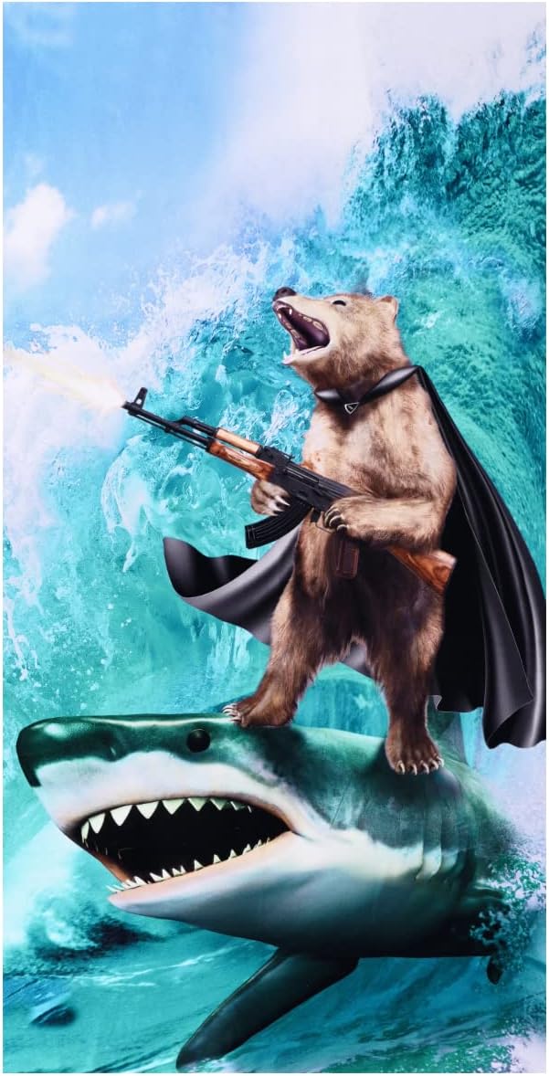LIVILAN Funny Shark Bear Beach Towel, 30" x 60" Oversized Microfiber, Soft, Quick Dry, Sand Free, Ideal for Bath, Pool, Travel, Unique Shark & Bear Gifts for Men, Boys, Teens