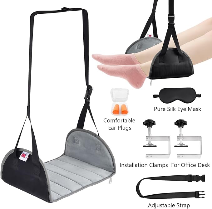 2-in-1 Foot Hammock with Premium Memory Foam – Travel Leg Rest for Long Flights | Portable Airplane & Desk Footrest