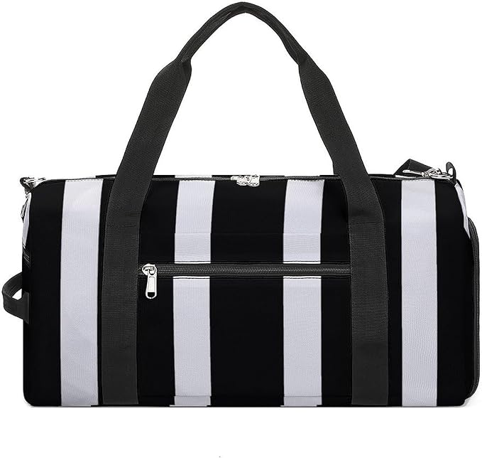 Stripes Black White Gym Bag Lightweight ，Travel Duffle Bag with Shoe Compartment，Gym Bag for Women for Overnight, Weekend, Yoga, Gym, Business Trips, Sport And Hospital.