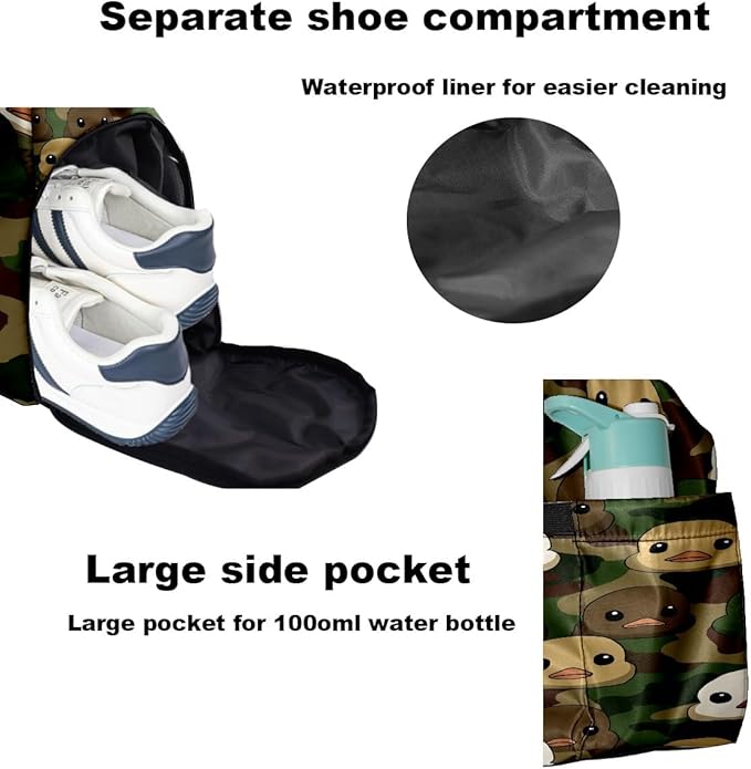 Duck Camouflage Gym Bag for Women & Tennis Bag, Large Sports Duffel Bag Waterproof with Ventilated Shoe Compartment & Front Racket Sleeve, Lightweight Travel Weekender Overnight Bag