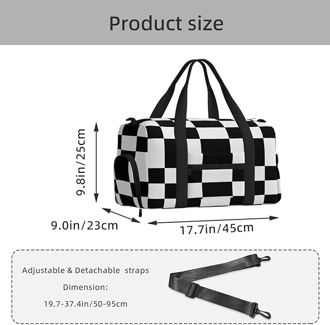 Sports Gym Bag Black White Checkerboard Grid Travel Duffel Bag With Shoe Compartment Shoulder Strap, Lightweight Water-Resistant Weekend Overnight Totes For Women Men