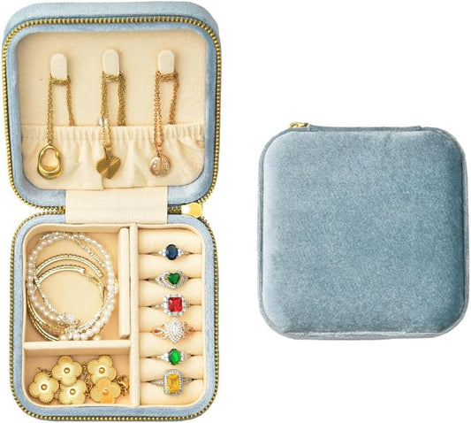 TAIMY Plush Velvet Travel Jewelry Box, Small Travel Jewelry Case, Portable Mini Jewelry Travel Organizer Boxes for Rings Earrings Necklaces Bracelets(Light Blue,No Mirror)