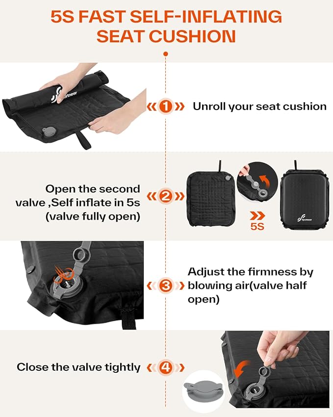 Sportneer Stadium Seat Cushion: Self-Inflating 2" High Rebound Foam Seat Pad for Airplane Travel Stadiums Bleachers Camping Hiking, 0.48lbs, Lightweight and Portable