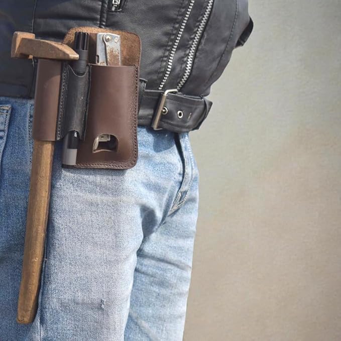Leather Multitool Sheath with Belt Clip - Multitool Holster for Belt - EDC Belt Organizer Fits, Flashlight, Pen - Leather Pouch - Holder