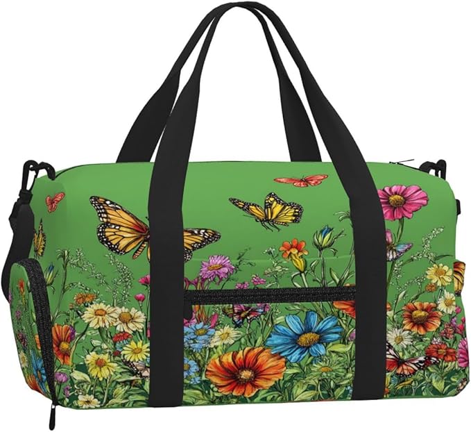 Sports Gym Bag Spring Wildflowers Butterfly Travel Duffel Bag With Shoe Compartment Shoulder Strap, Lightweight Water-Resistant Weekend Overnight Totes For Women Men