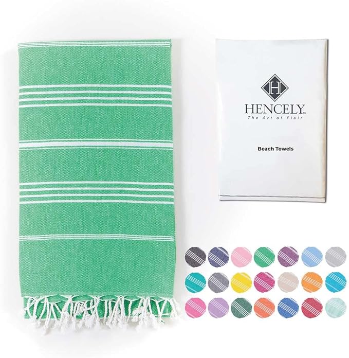 Hencely Turkish Beach Towel 37x68 Oversized, Sand-Free, Quick-Dry, Lightweight - Travel Essential for Pool & Bath - Striped 100% Cotton Bathroom Towels Accessories Gift (Green)