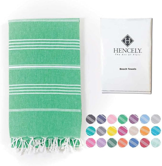 Hencely Turkish Beach Towel 37x68 Oversized, Sand-Free, Quick-Dry, Lightweight - Travel Essential for Pool & Bath - Striped 100% Cotton Bathroom Towels Accessories Gift (Green)