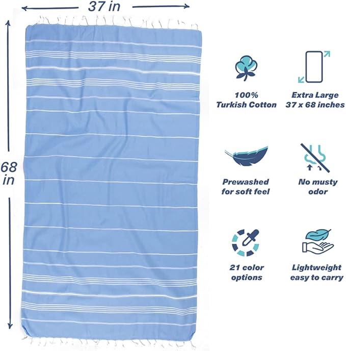 Hencely Turkish Beach Towel 37x68 Oversized, Sand-Free, Quick-Dry, Lightweight - Travel Essential for Pool & Bath - Striped 100% Cotton Bathroom Towels Accessories Gift (Light Blue)