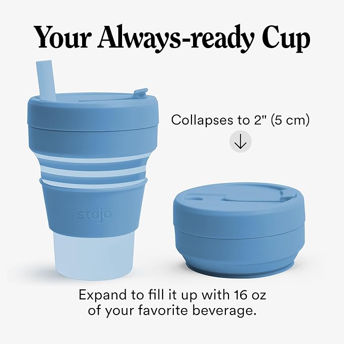 STOJO Collapsible Travel Cup - Reusable To-Go Pocket Size Silicone Bottle for Hot and Cold Drinks - Perfect for Camping - Microwave & Dishwasher Safe (Translucent Steel, 16, ounces)