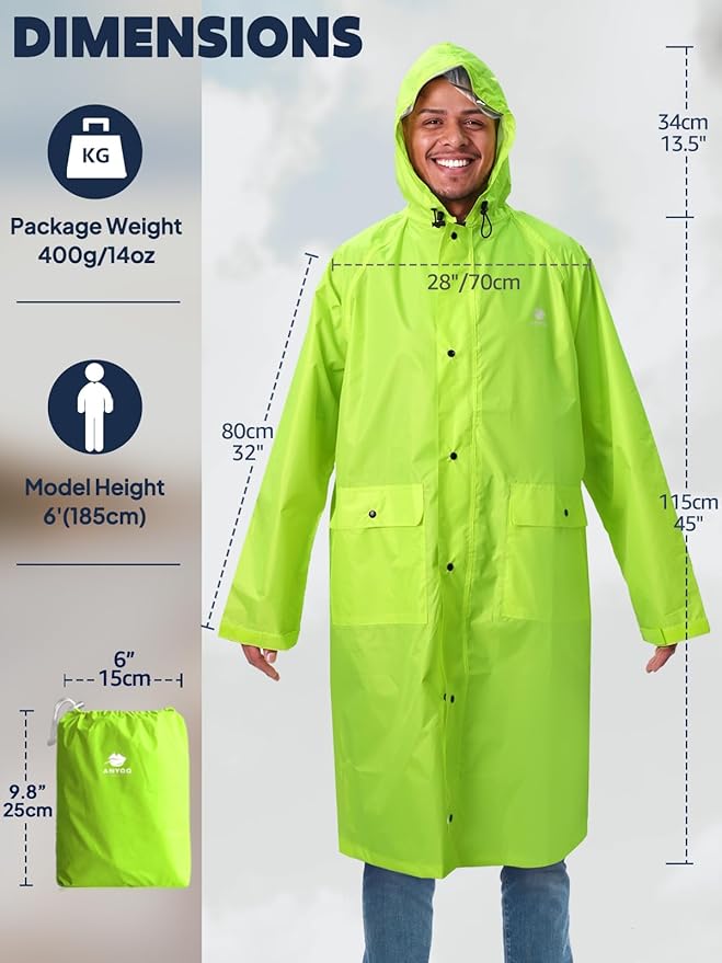 ANYOO Waterproof Rain Jacket for Men Women Lightweight Long Sleeve Raincoat with Hood Emergency Rain Poncho Adults for Hiking