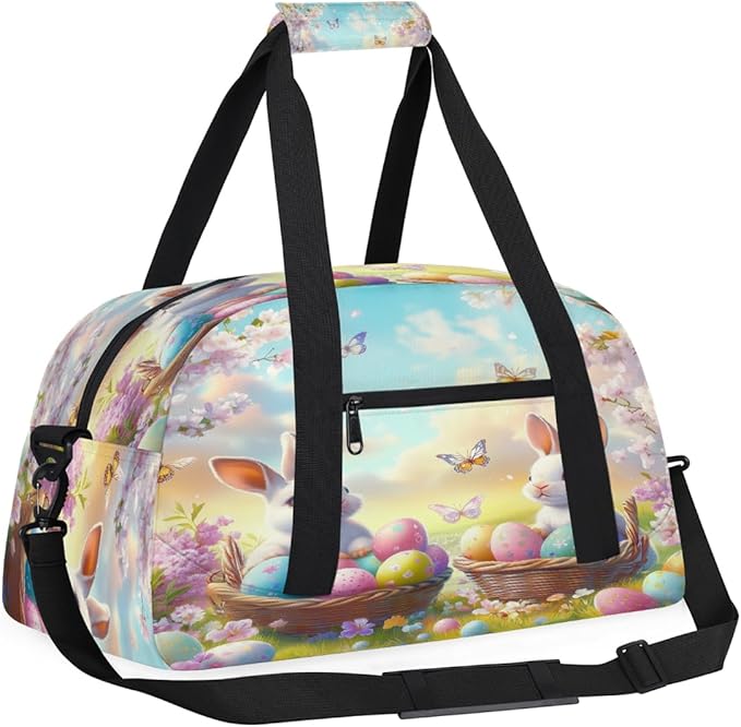 Kids Duffle Bag Girls Boys Spring Floral Easter Bunny Eggs Butterdly Weekender Overnight Bag,Lightweight Duffel Bags for Traveling Gym Sport Dance