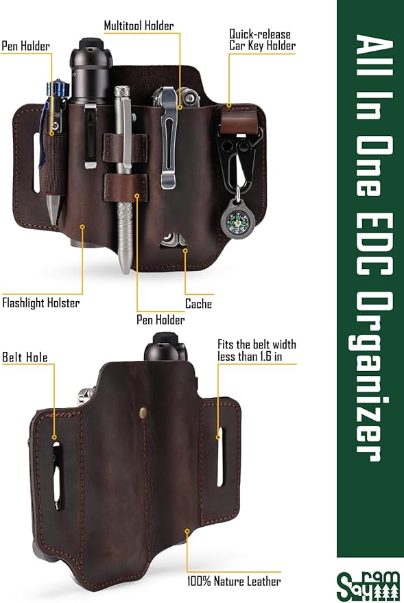 ST2 Leather Multitool Sheath, EDC Leather Belt Organizer, Belt EDC Organizer for Leatherman Tools, Flashlight, Pen, and Keychain Clip, Great for Work and Daily Use, Ideal Gift for Men