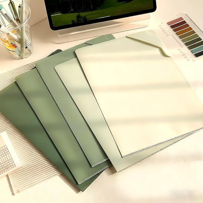 Green 5-Pack L-Shaped File Folder for Documents, Waterproof A4 Document Holders with Anti-Fall Flap, Plastic File Organizer,A4 Envelopes Filing Folder