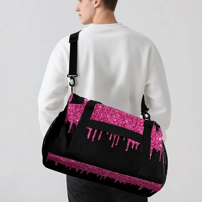 Personalized Name Travel Bag Sports Player Duffel Bags Pink Fuchsia Sequin Glitter Print Perform Training Bag for Men Women Adjustable Shoulder Strap
