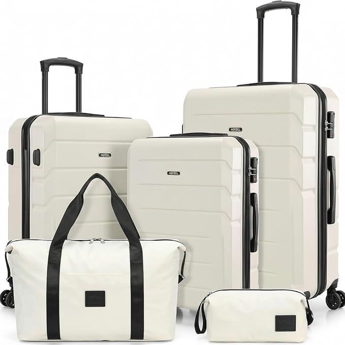 Hoteel Expandable 5 Piece Luggage Set (4-YEARS WARRANTY) ABS+PC Hardshell Carry on Suitcase Silent Universal Wheels & TSA Lock for, Unisex Rolling Suit Case, for Travel, Family, Beige(20/24/28/DB/TB)